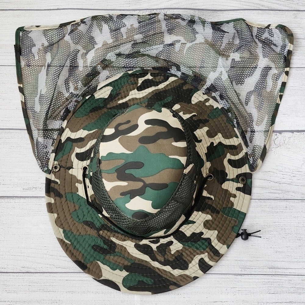 Camouflage Men's Sun Protection Hat w/ Mesh Neck Flap Cover, Wide Brim - Picture 2 of 8